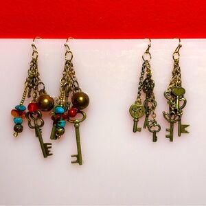 2 pairs of hand made key charm earrings